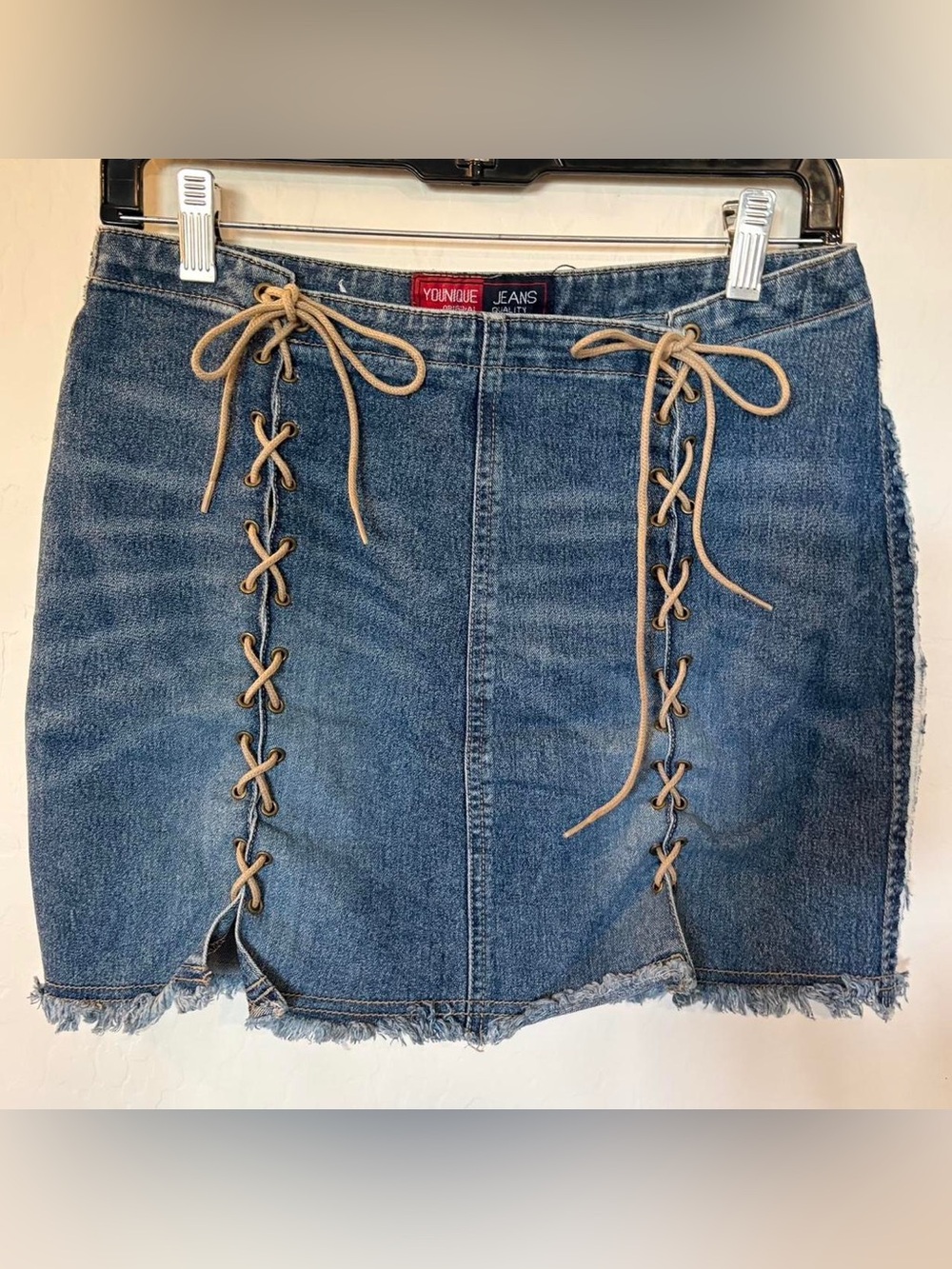 Younique Blue Denim Midi Skirt with Tan Lace-Up Accents